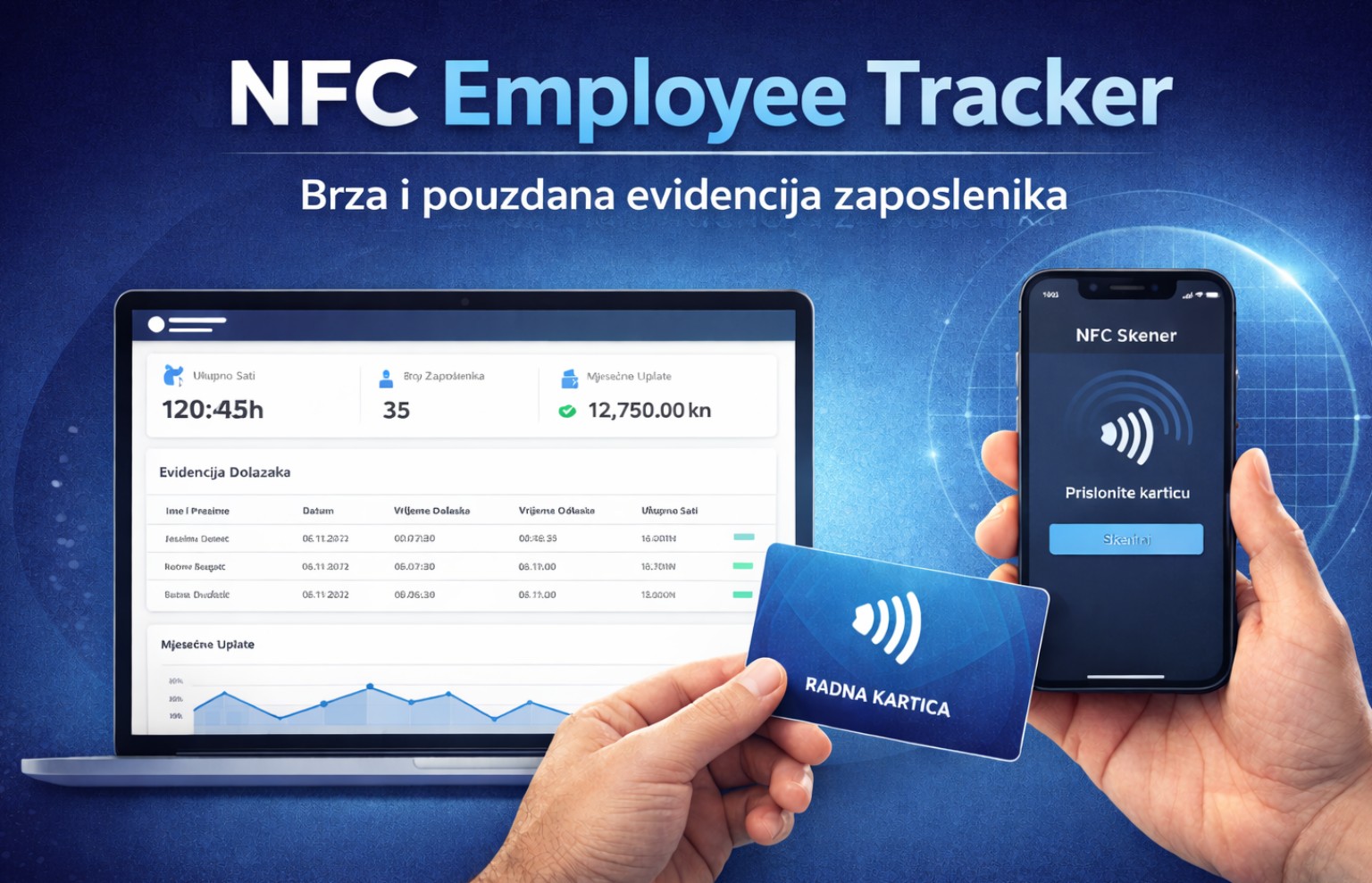 NFC Employee Tracker pregled aplikacije na laptopu, mobitelu i kartici